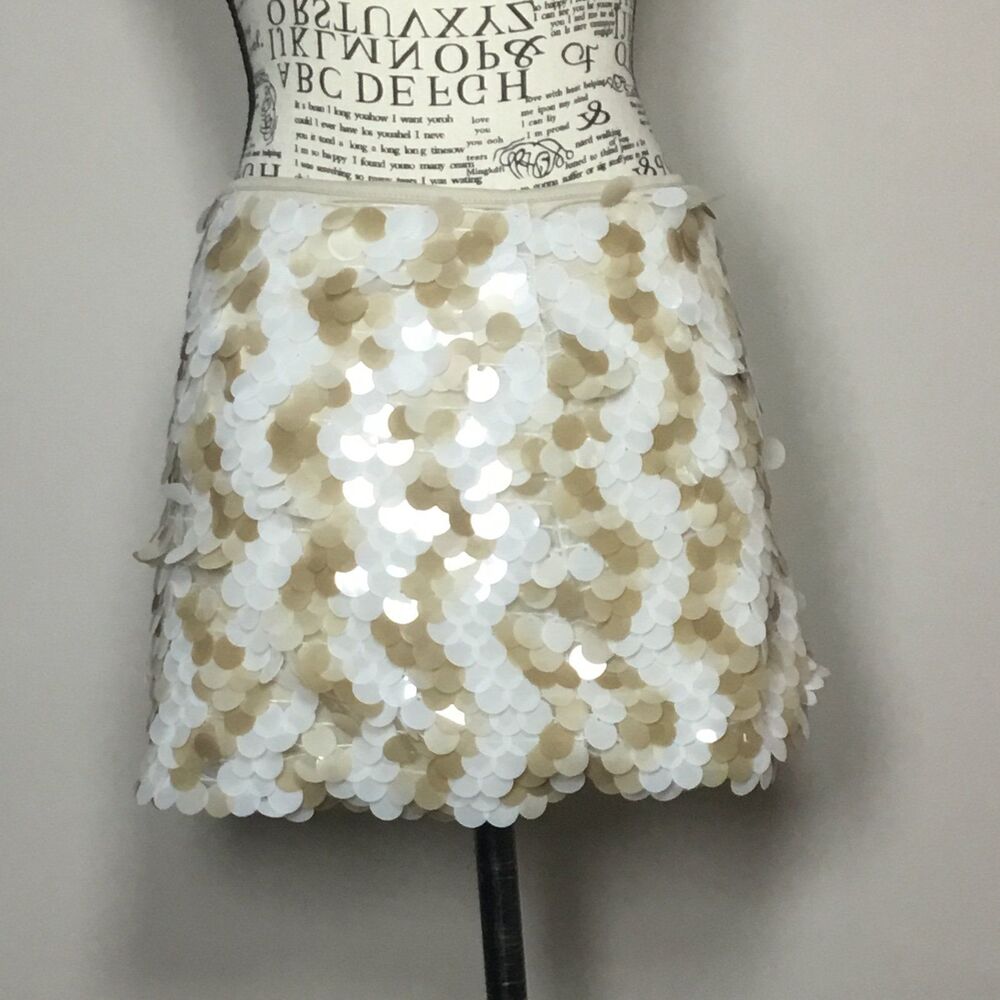 NWT sequin mini skirt stretchy cream beige party bling disco waist 28"-29" XS